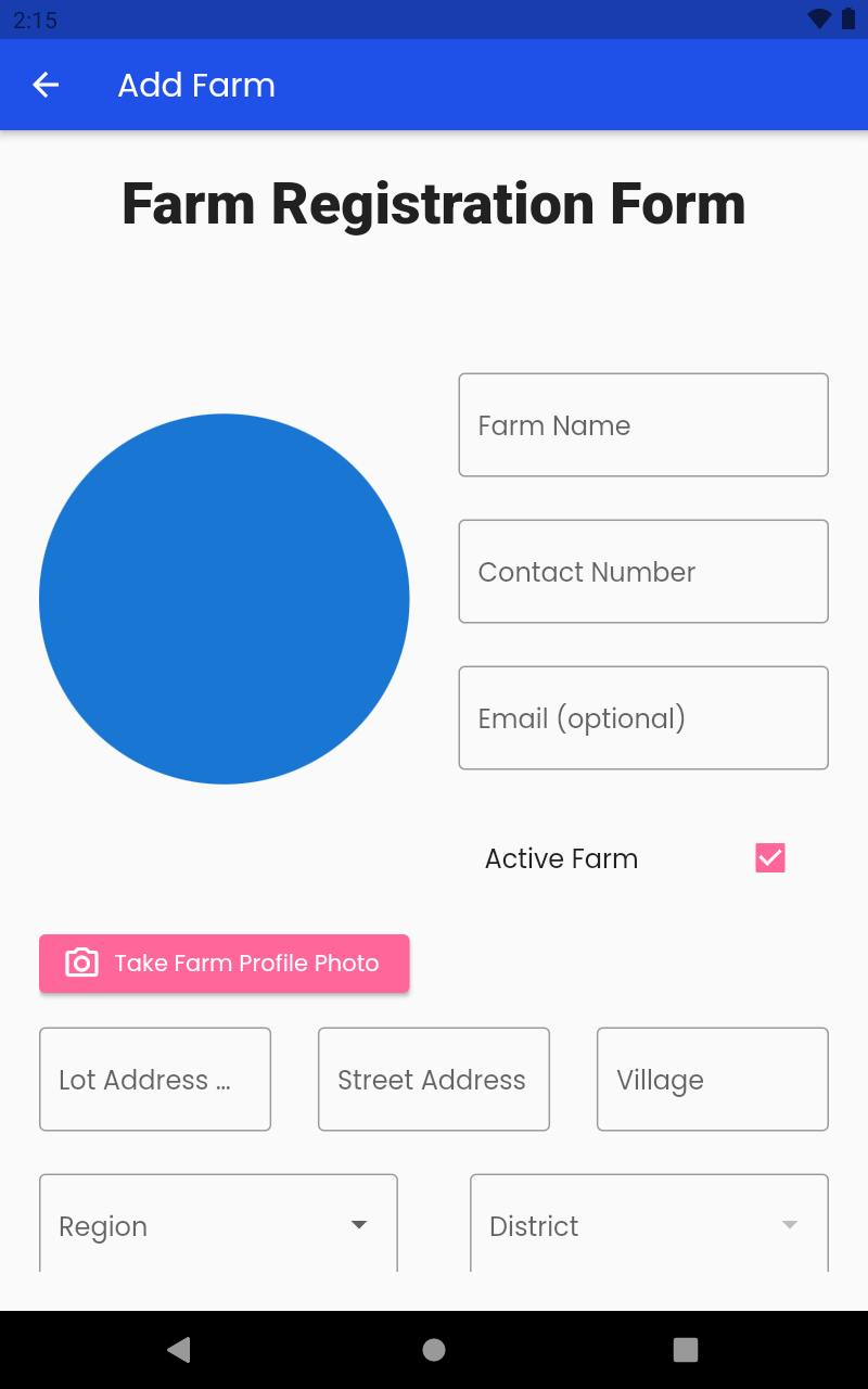 farm registration screen